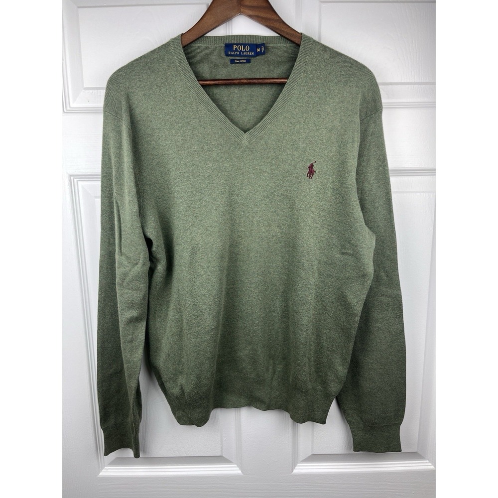 Polo Ralph‎ Lauren Sweater Mens Medium V-Neck Green Pima Cotton Pullover Pony - Picture 2 of 6